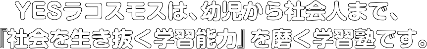 YESラコスモスは、幼児から社会人まで、『社会を生き抜く学習能力』を育てる学修塾です。